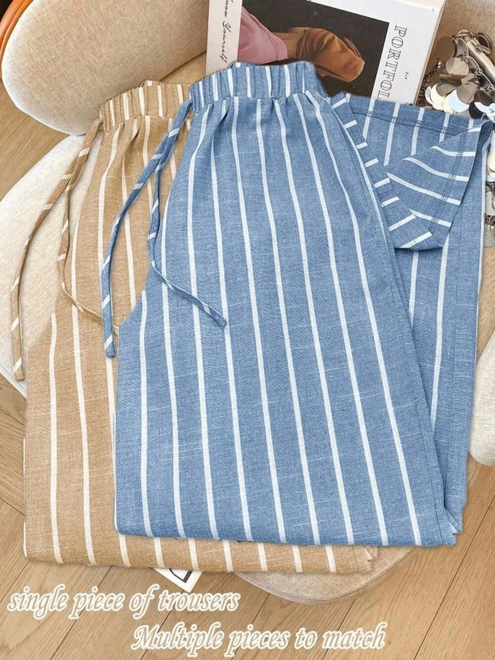 Blue And White Casual Women's Cotton Elastic Waistband Trousers